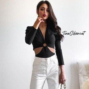 BLOGGER'S FAVE! Zara Black Cut Out Bodysuit Sz L NWOT